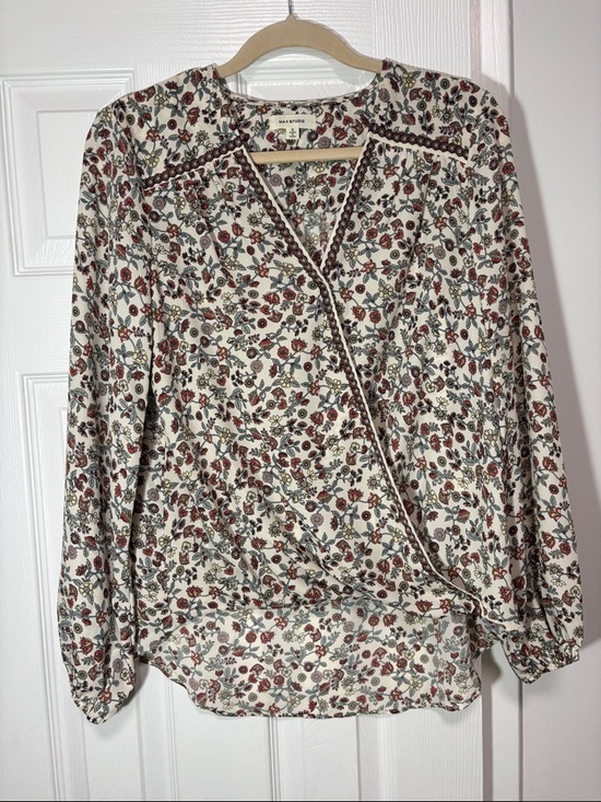 Max Studio Tops - Max Studio Cream Floral V-Neck Wrap Blouse with Brown Trim